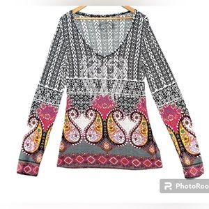 V Cristina Tops Women's M Multicolor Tunic Scoop Neck Design Beading Long Sleeve